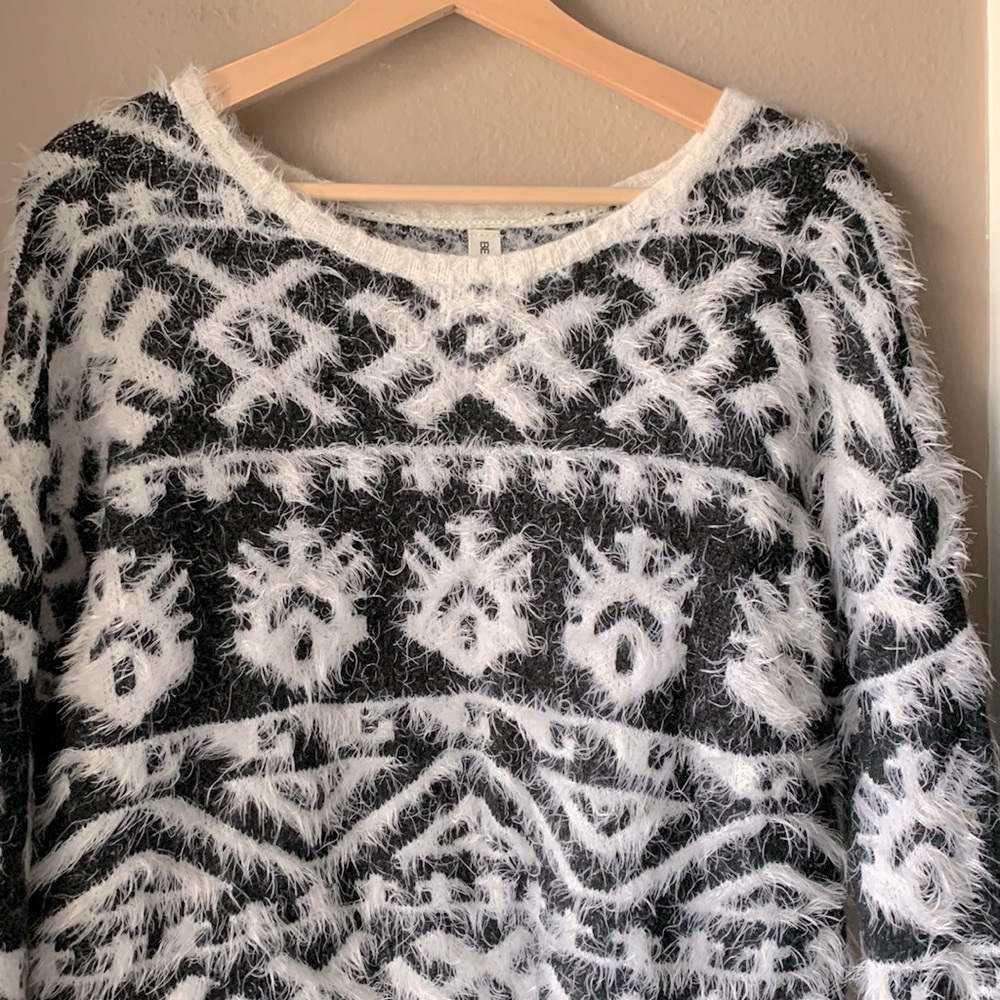 BETHANY MOTA Geometric Print Fuzzy Long Sleeve Sweater